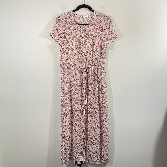 DR2 Women's Mini Floral Short Sleeve Sheer High Slit Buttup Up Maxi Dress Size M - Picture 1 of 8